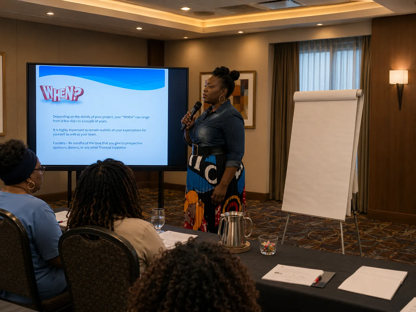 Facilitator presenting to participants during a Marston Foundation community workshop